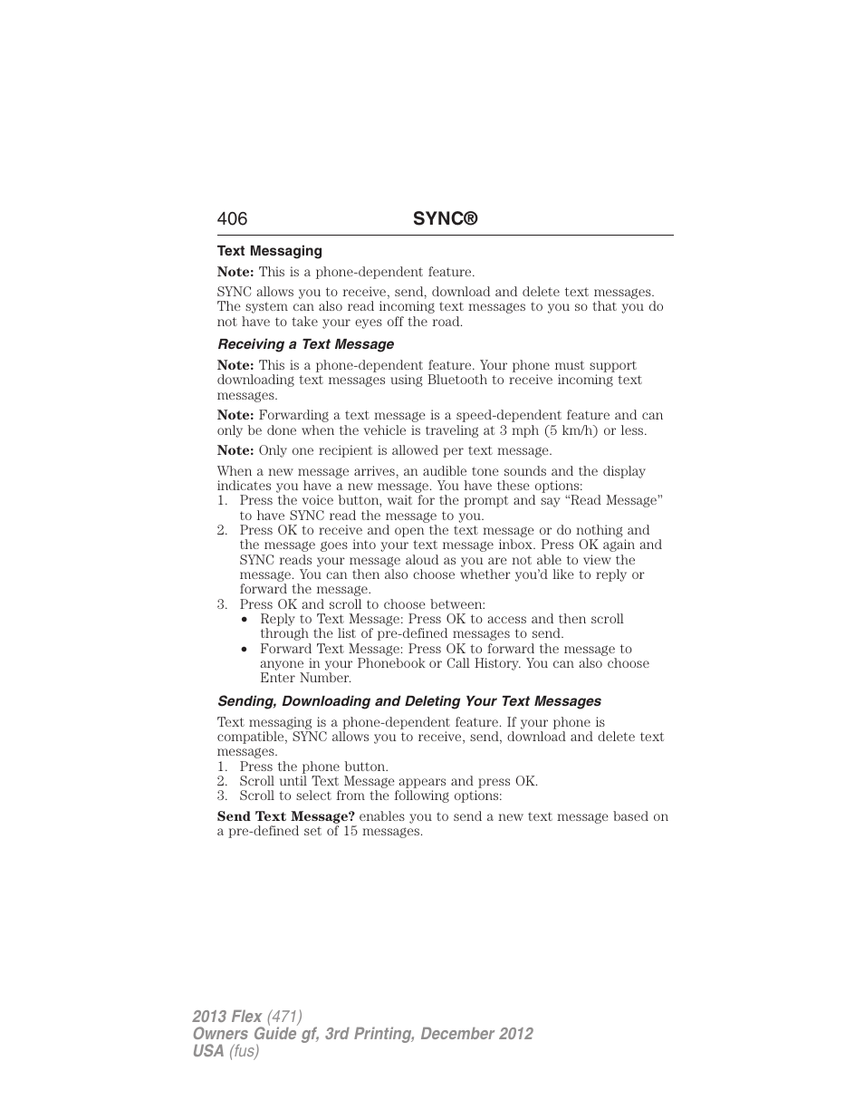 Text messaging, Receiving a text message, 406 sync | FORD 2013 Flex v.3 User Manual | Page 407 / 547