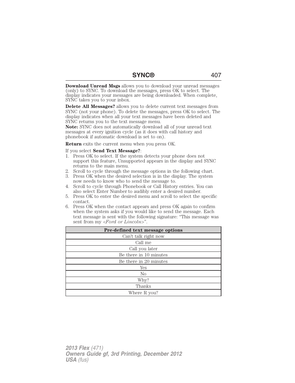 Sync® 407 | FORD 2013 Flex v.3 User Manual | Page 408 / 547