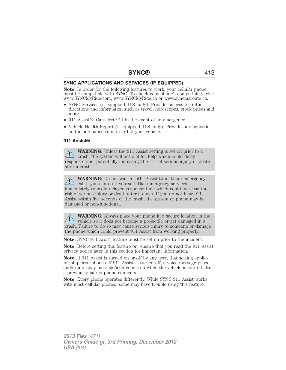 Sync applications and services (if equipped), 911 assist, Sync® 413 | FORD 2013 Flex v.3 User Manual | Page 414 / 547