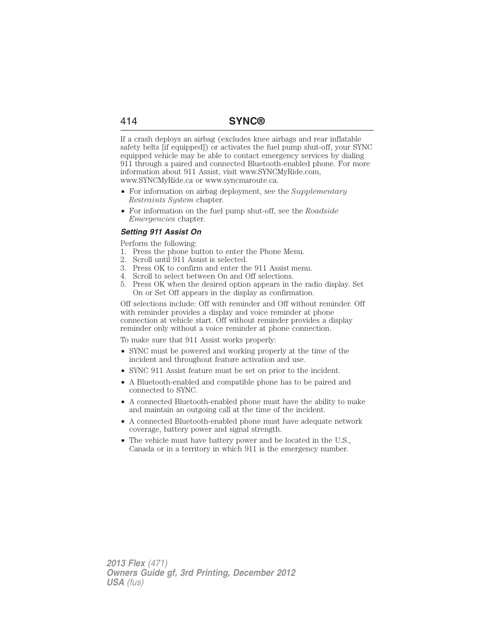Setting 911 assist on, 414 sync | FORD 2013 Flex v.3 User Manual | Page 415 / 547