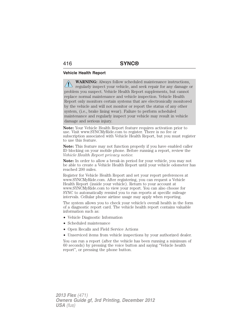 Vehicle health report, 416 sync | FORD 2013 Flex v.3 User Manual | Page 417 / 547
