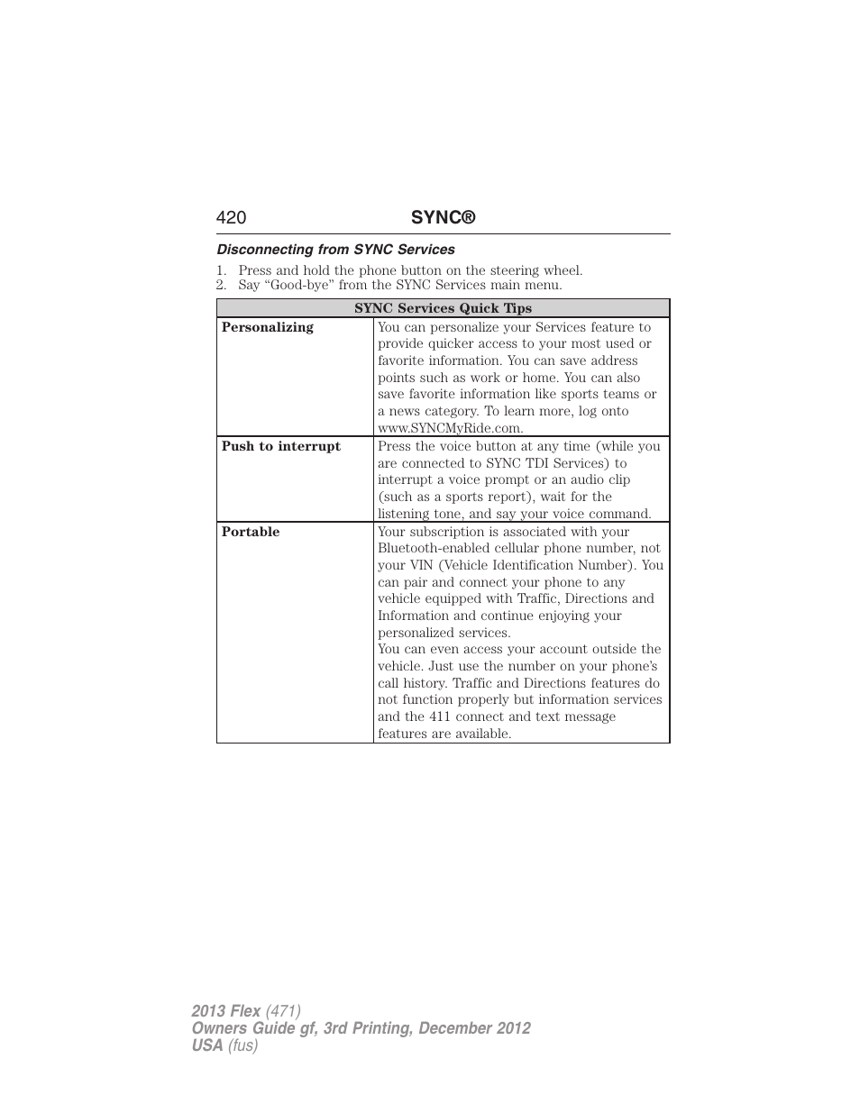 Disconnecting from sync services, 420 sync | FORD 2013 Flex v.3 User Manual | Page 421 / 547