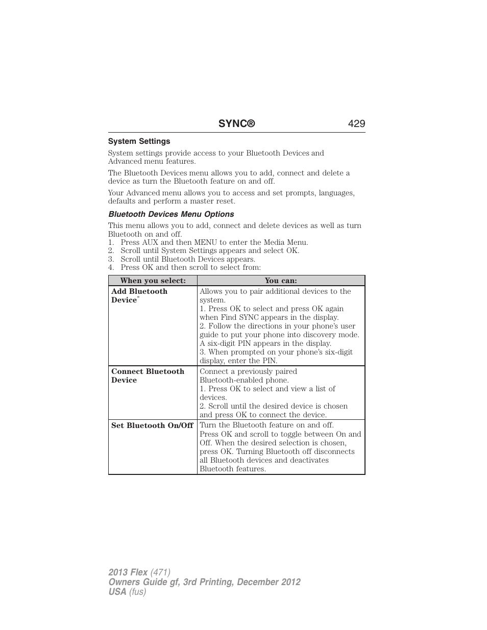 System settings, Bluetooth devices menu options, Sync® 429 | FORD 2013 Flex v.3 User Manual | Page 430 / 547