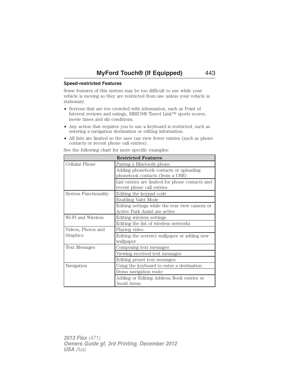 Speed-restricted features, Myford touch® (if equipped) 443 | FORD 2013 Flex v.3 User Manual | Page 444 / 547