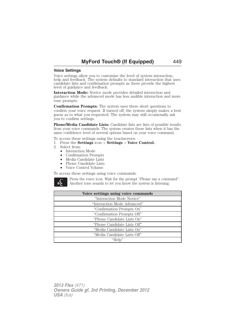 Voice settings, Myford touch® (if equipped) 449 | FORD 2013 Flex v.3 User Manual | Page 450 / 547