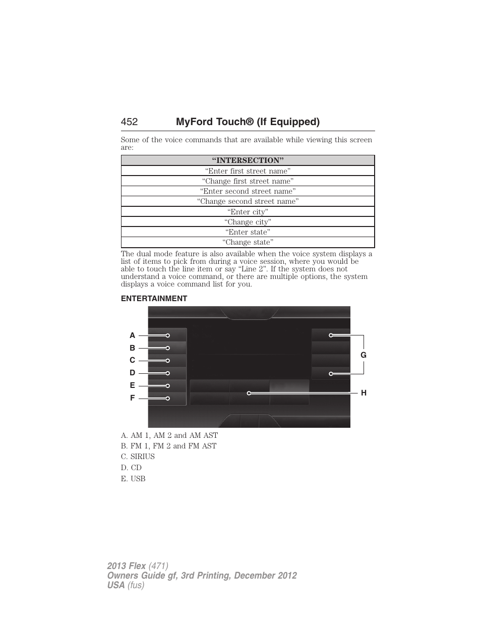 Entertainment, Listening to music, 452 myford touch® (if equipped) | FORD 2013 Flex v.3 User Manual | Page 453 / 547