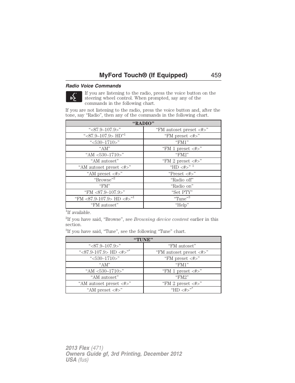 Radio voice commands, Myford touch® (if equipped) 459 | FORD 2013 Flex v.3 User Manual | Page 460 / 547