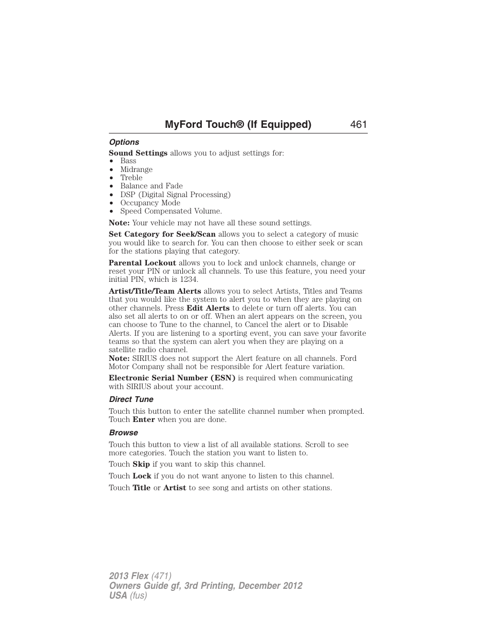 Options, Direct tune, Browse | Myford touch® (if equipped) 461 | FORD 2013 Flex v.3 User Manual | Page 462 / 547