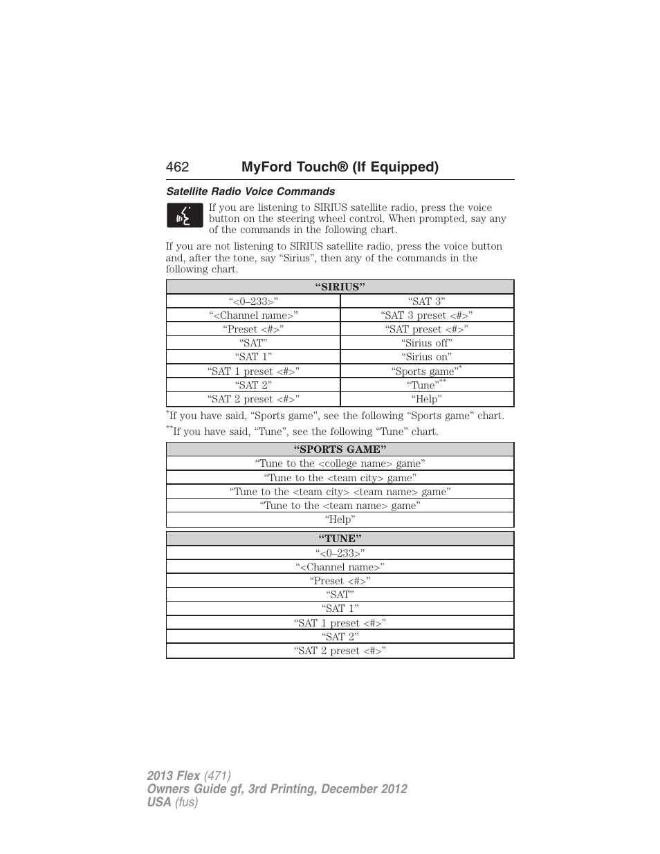 Satellite radio voice commands, 462 myford touch® (if equipped) | FORD 2013 Flex v.3 User Manual | Page 463 / 547