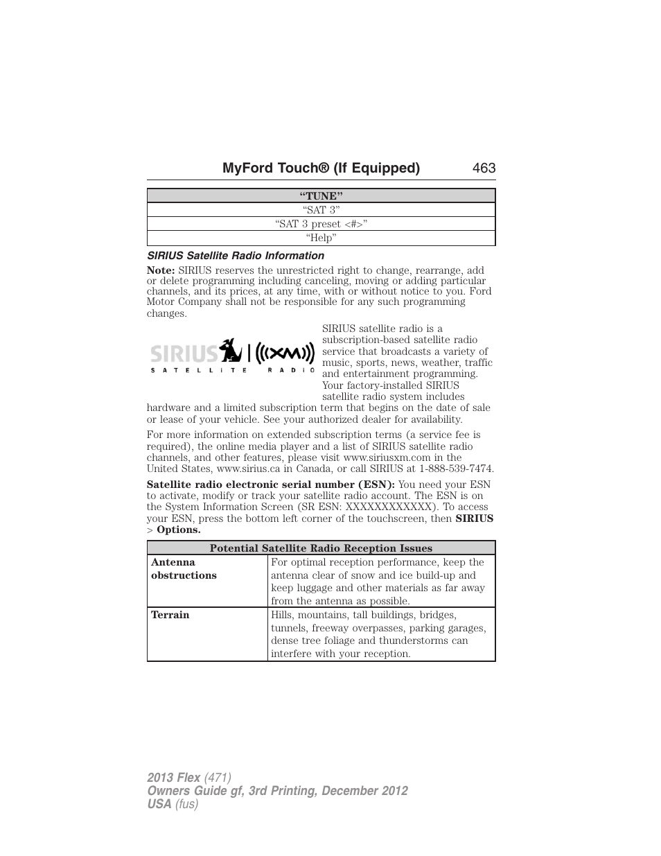 Sirius satellite radio information, Myford touch® (if equipped) 463 | FORD 2013 Flex v.3 User Manual | Page 464 / 547