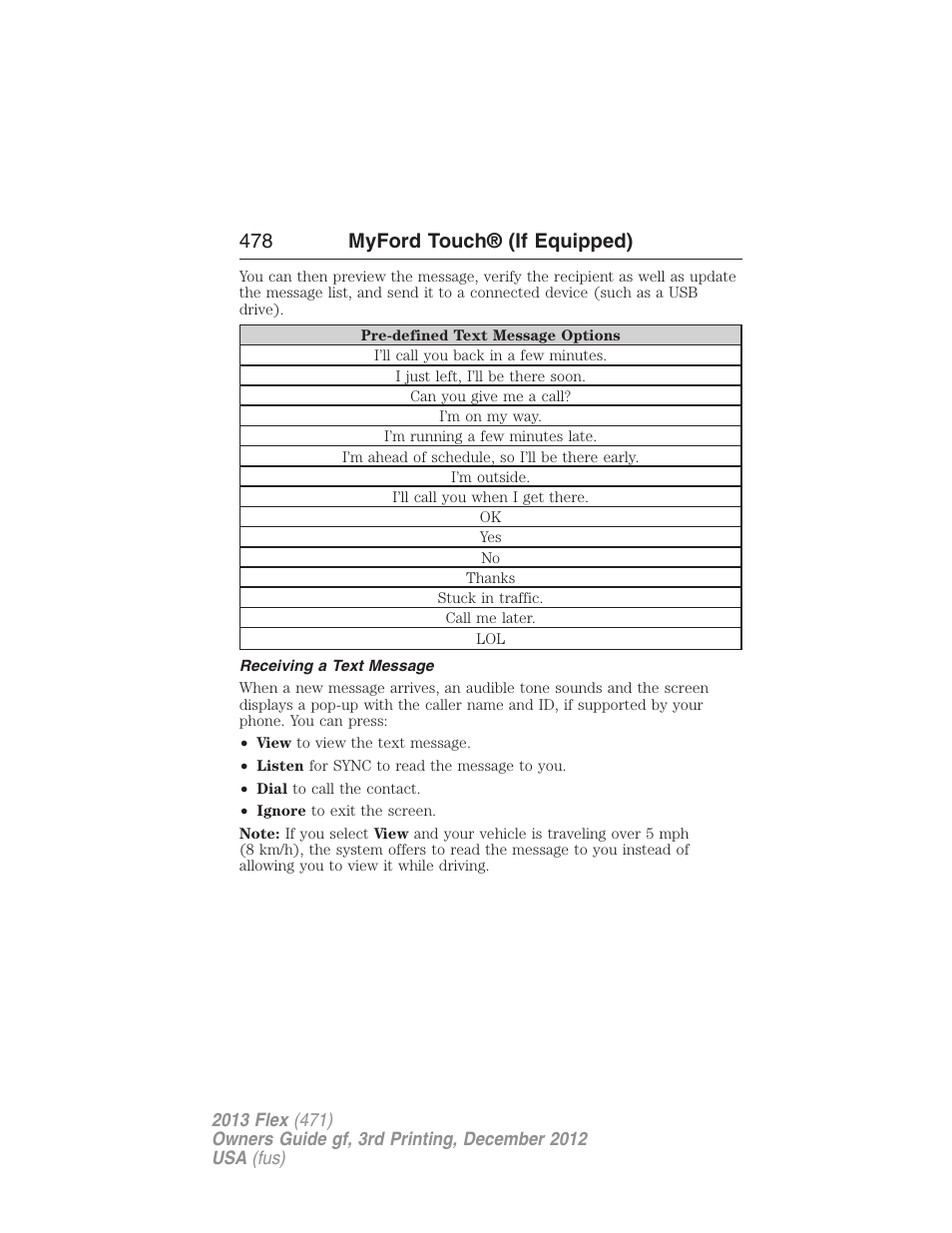 Receiving a text message, 478 myford touch® (if equipped) | FORD 2013 Flex v.3 User Manual | Page 479 / 547