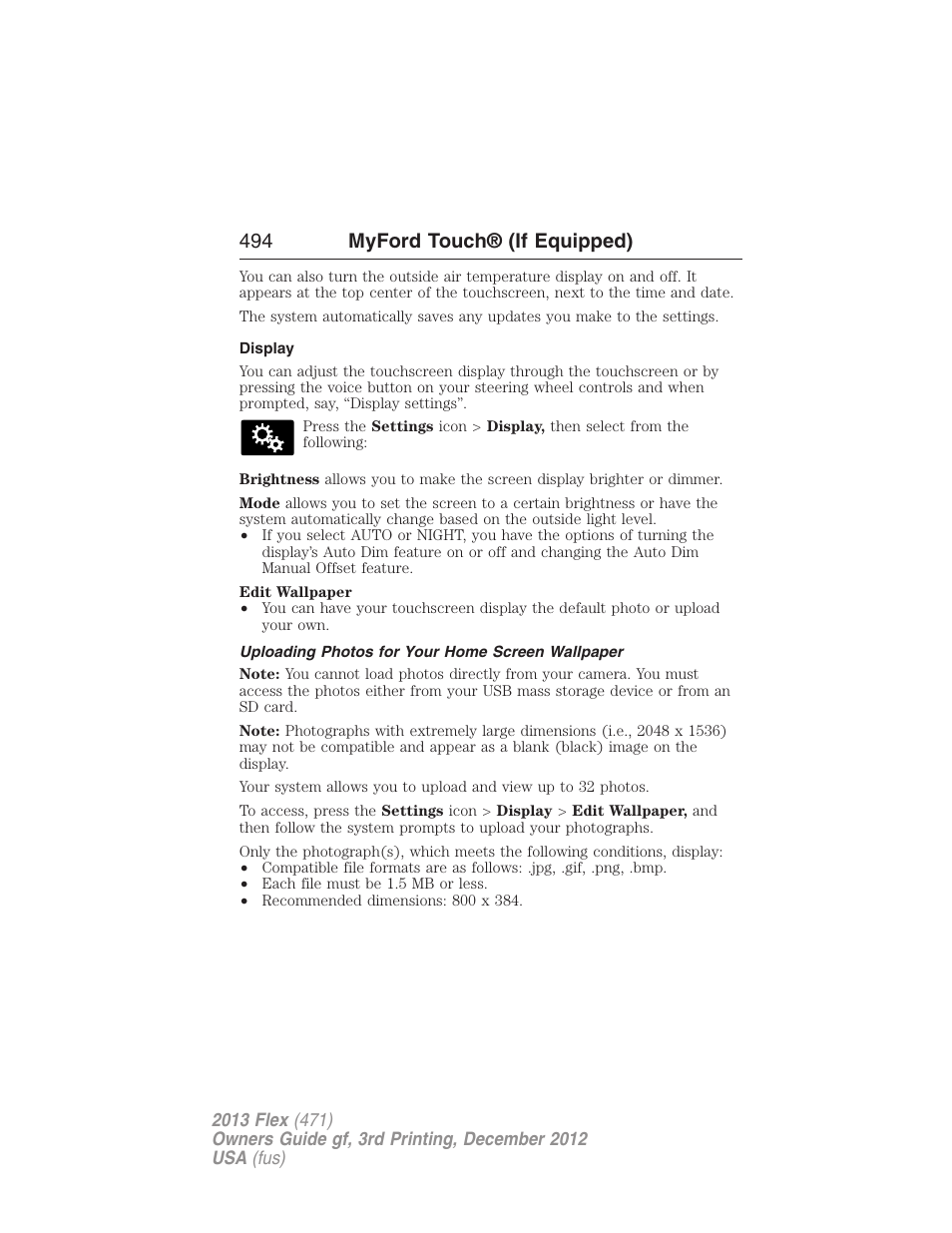 Display, Uploading photos for your home screen wallpaper, 494 myford touch® (if equipped) | FORD 2013 Flex v.3 User Manual | Page 495 / 547