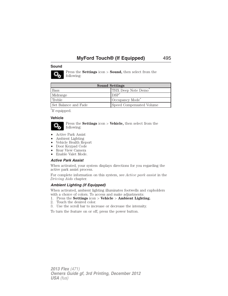 Sound, Vehicle, Active park assist | Ambient lighting (if equipped), Myford touch® (if equipped) 495 | FORD 2013 Flex v.3 User Manual | Page 496 / 547