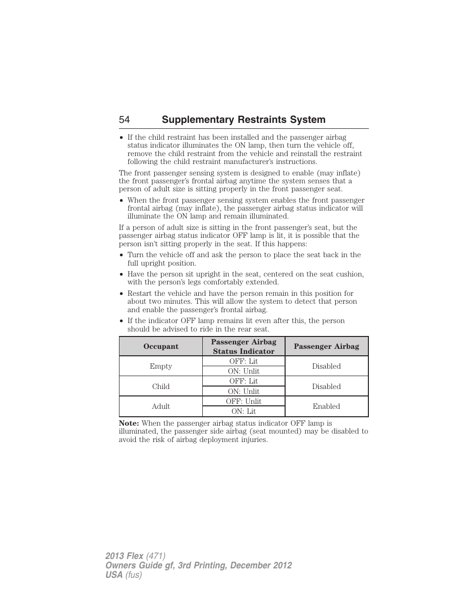 54 supplementary restraints system | FORD 2013 Flex v.3 User Manual | Page 55 / 547