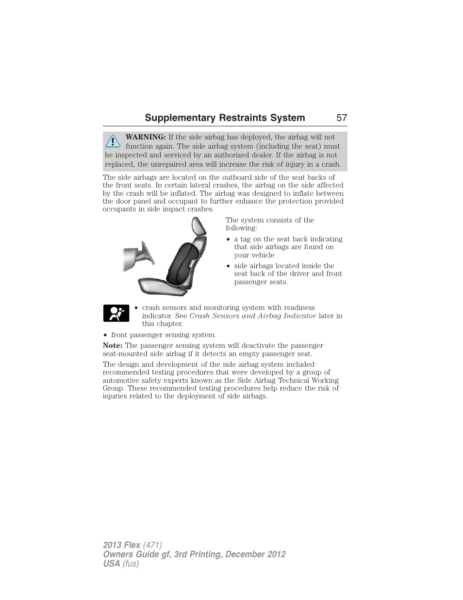 Supplementary restraints system 57 | FORD 2013 Flex v.3 User Manual | Page 58 / 547