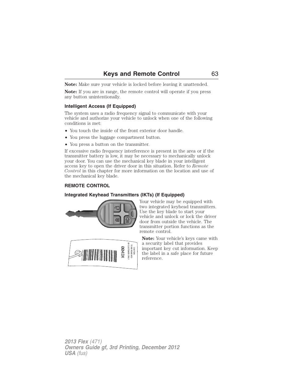 Intelligent access (if equipped), Remote control, Keys | Keys and remote control 63 | FORD 2013 Flex v.3 User Manual | Page 64 / 547