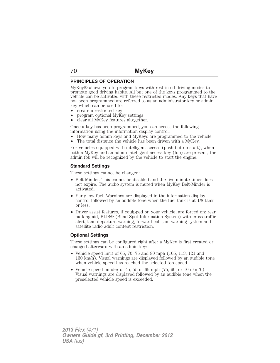 Mykey, Principles of operation, Standard settings | Optional settings, Settings, mykey, 70 mykey | FORD 2013 Flex v.3 User Manual | Page 71 / 547