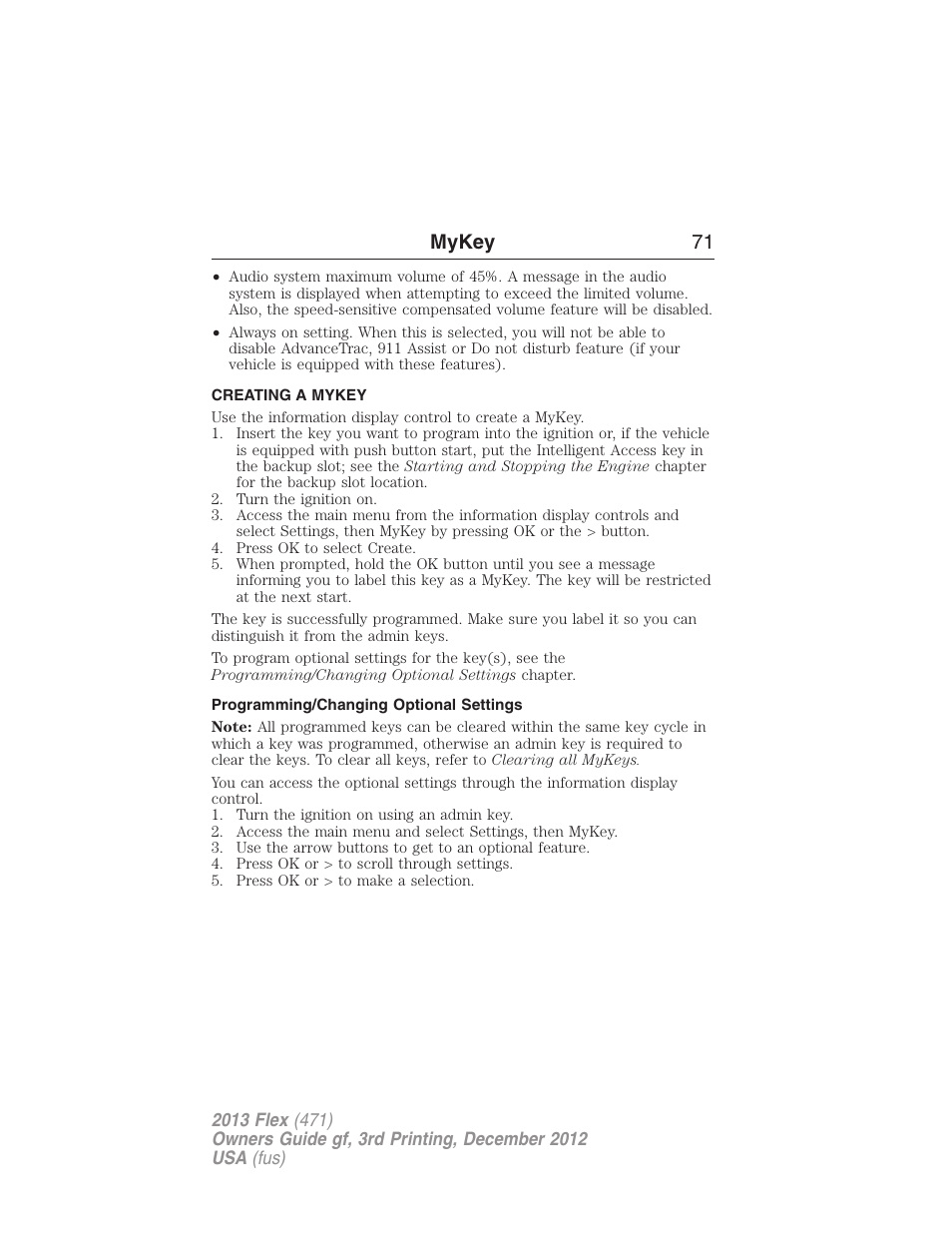 Creating a mykey, Programming/changing optional settings, Creating | Mykey 71 | FORD 2013 Flex v.3 User Manual | Page 72 / 547