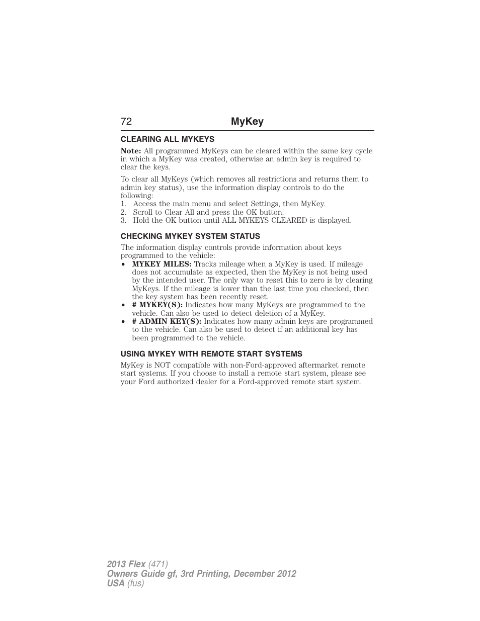 Clearing all mykeys, Checking mykey system status, Using mykey with remote start systems | Clearing, System status, Remote start, mykey, 72 mykey | FORD 2013 Flex v.3 User Manual | Page 73 / 547