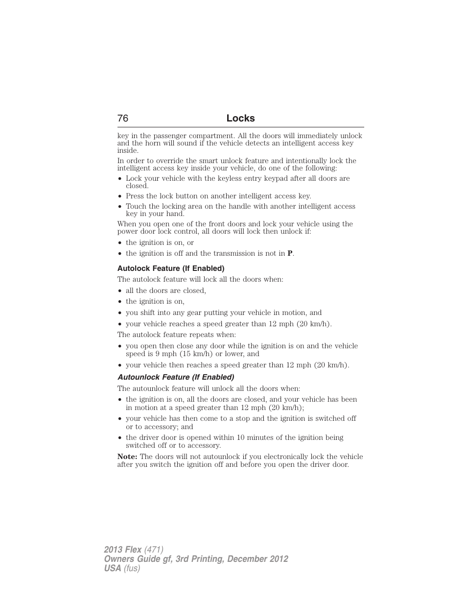 Autolock feature (if enabled), Autounlock feature (if enabled), 76 locks | FORD 2013 Flex v.3 User Manual | Page 77 / 547