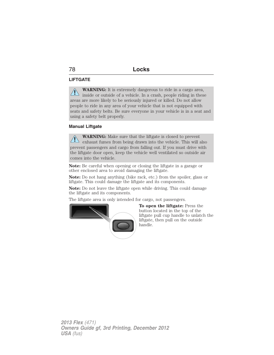 Liftgate, Manual liftgate, 78 locks | FORD 2013 Flex v.3 User Manual | Page 79 / 547