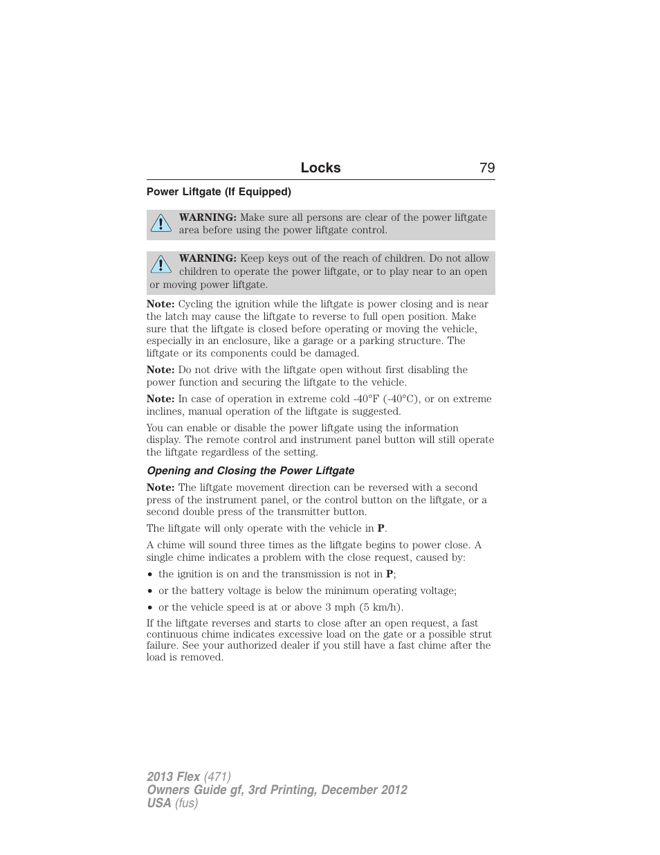 Power liftgate (if equipped), Opening and closing the power liftgate, Locks 79 | FORD 2013 Flex v.3 User Manual | Page 80 / 547