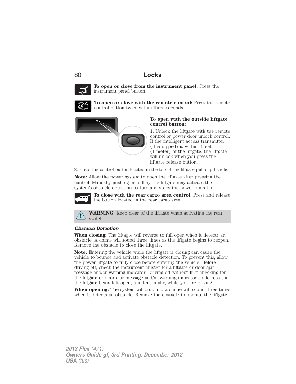 Obstacle detection, 80 locks | FORD 2013 Flex v.3 User Manual | Page 81 / 547