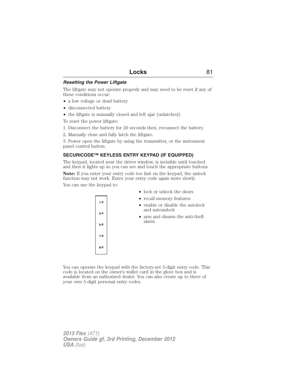Resetting the power liftgate, Securicode™ keyless entry keypad (if equipped), Securicode™ keyless entry keypad | Locks 81 | FORD 2013 Flex v.3 User Manual | Page 82 / 547