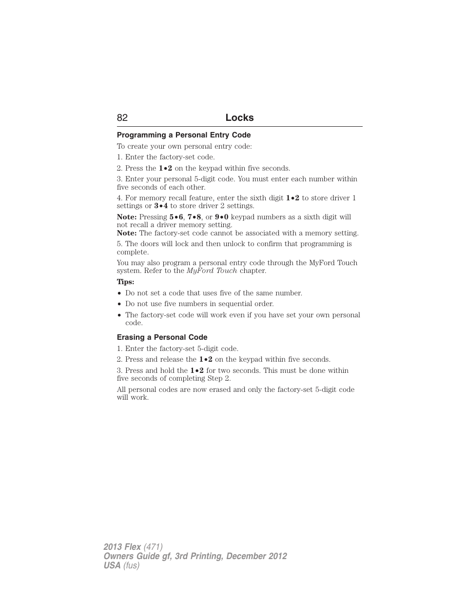 Programming a personal entry code, Erasing a personal code, 82 locks | FORD 2013 Flex v.3 User Manual | Page 83 / 547