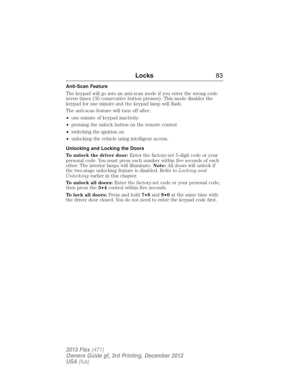 Anti-scan feature, Unlocking and locking the doors, Locks 83 | FORD 2013 Flex v.3 User Manual | Page 84 / 547
