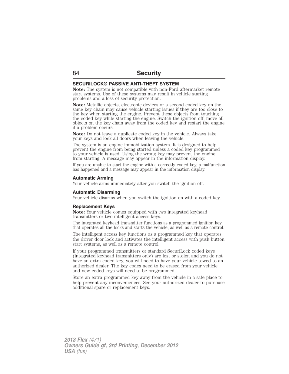 Security, Securilock® passive anti-theft system, Automatic arming | Automatic disarming, Replacement keys, 84 security | FORD 2013 Flex v.3 User Manual | Page 85 / 547