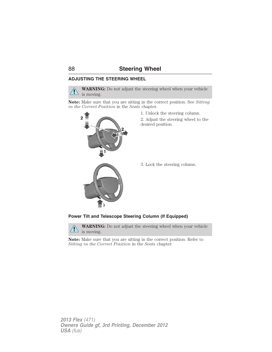 Steering wheel, Adjusting the steering wheel, 88 steering wheel | FORD 2013 Flex v.3 User Manual | Page 89 / 547