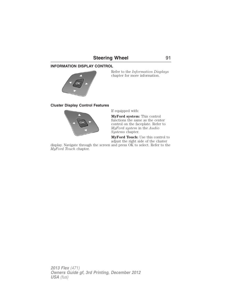 Information display control, Cluster display control features, Steering wheel 91 | FORD 2013 Flex v.3 User Manual | Page 92 / 547