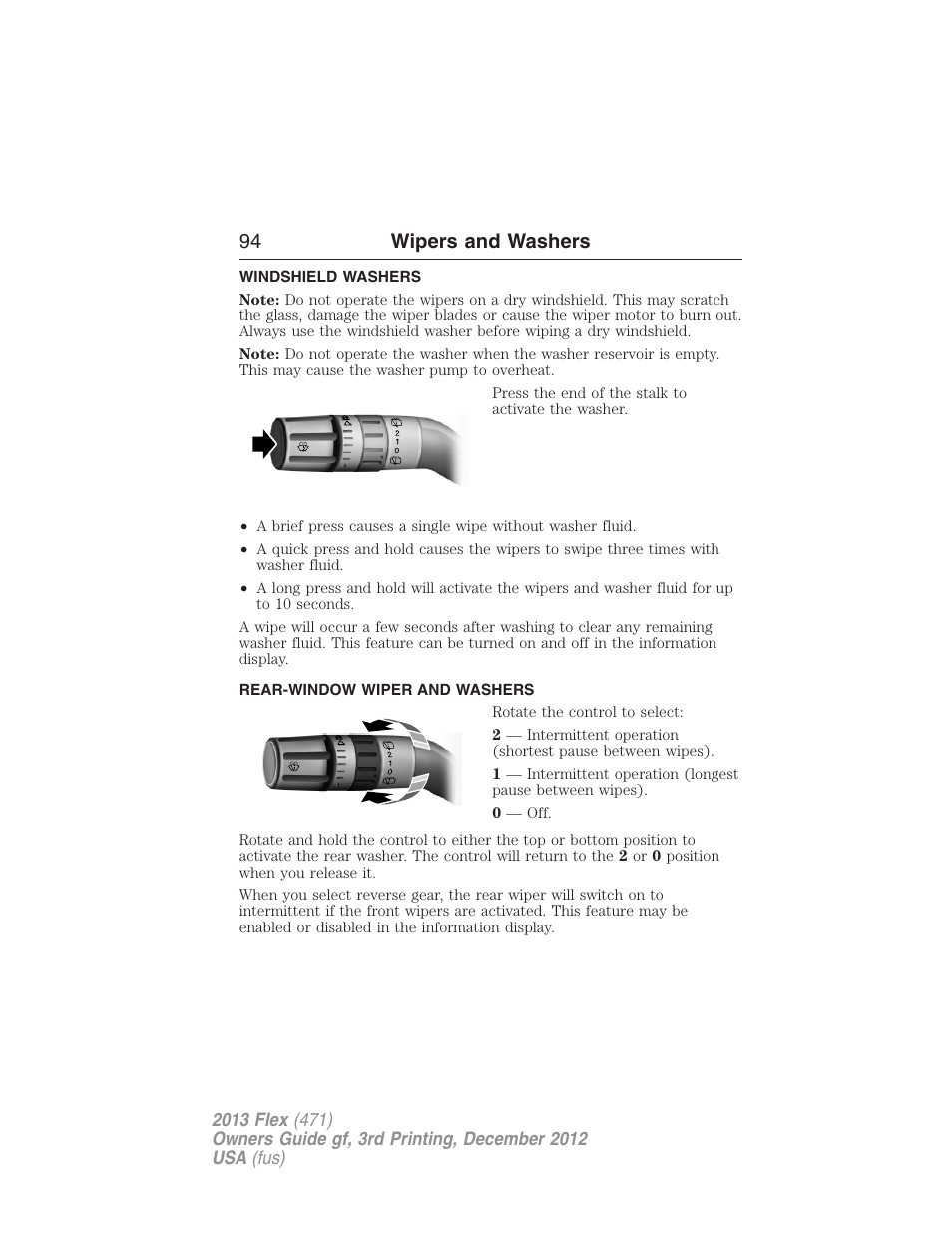 Windshield washers, Rear-window wiper and washers, Rear-window wiper and washer | 94 wipers and washers | FORD 2013 Flex v.3 User Manual | Page 95 / 547