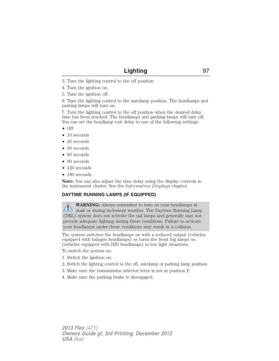 Daytime running lamps (if equipped), Daytime running lamps, Lighting 97 | FORD 2013 Flex v.3 User Manual | Page 98 / 547