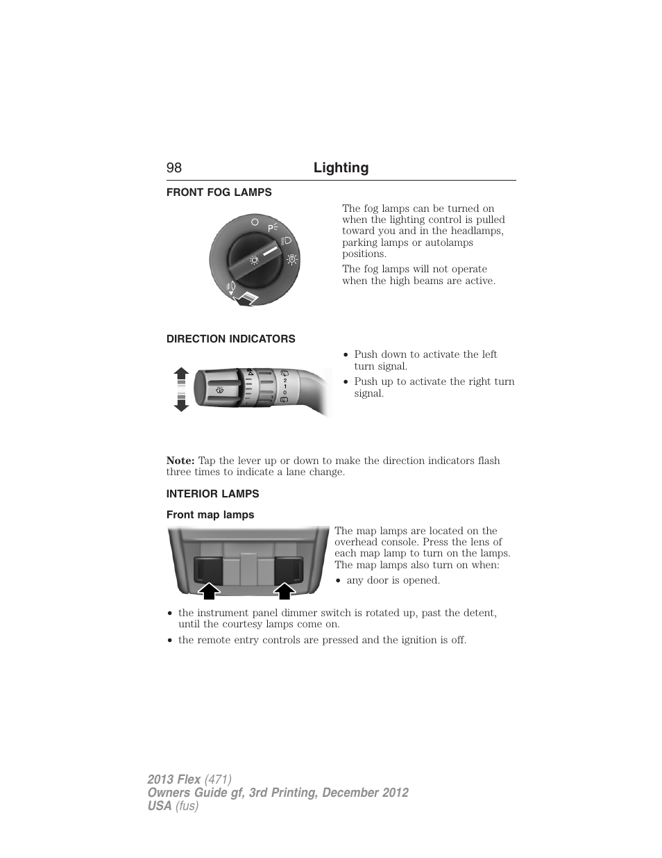 Front fog lamps, Direction indicators, Interior lamps | Front map lamps, Turn signal control, 98 lighting | FORD 2013 Flex v.3 User Manual | Page 99 / 547