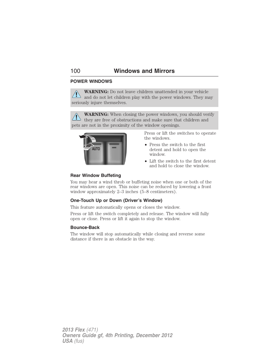 Windows and mirrors, Power windows, Rear window buffeting | One-touch up or down (driver’s window), Bounce-back, 100 windows and mirrors | FORD 2013 Flex v.4 User Manual | Page 101 / 555