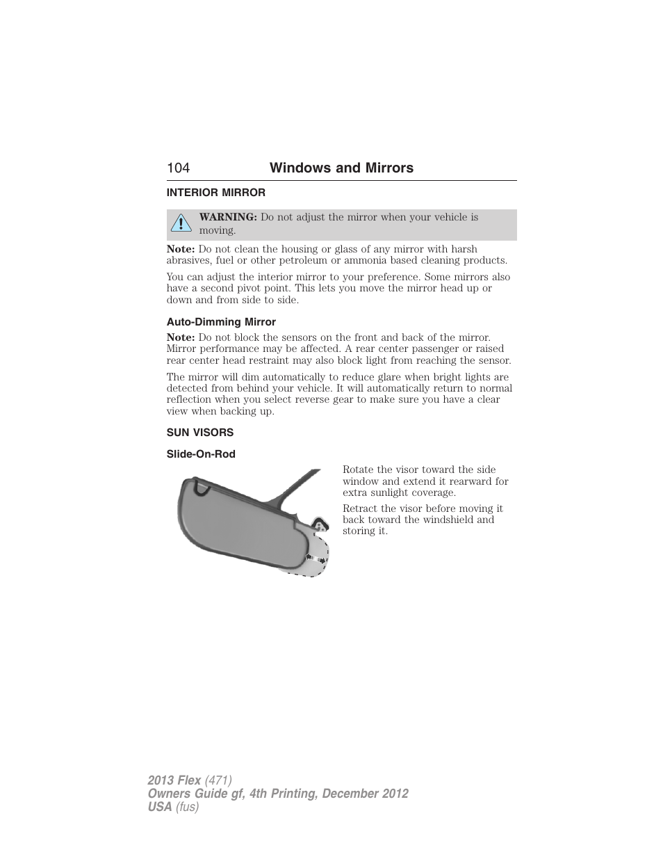 Interior mirror, Auto-dimming mirror, Sun visors | Slide-on-rod, Interior mirrors, 104 windows and mirrors | FORD 2013 Flex v.4 User Manual | Page 105 / 555