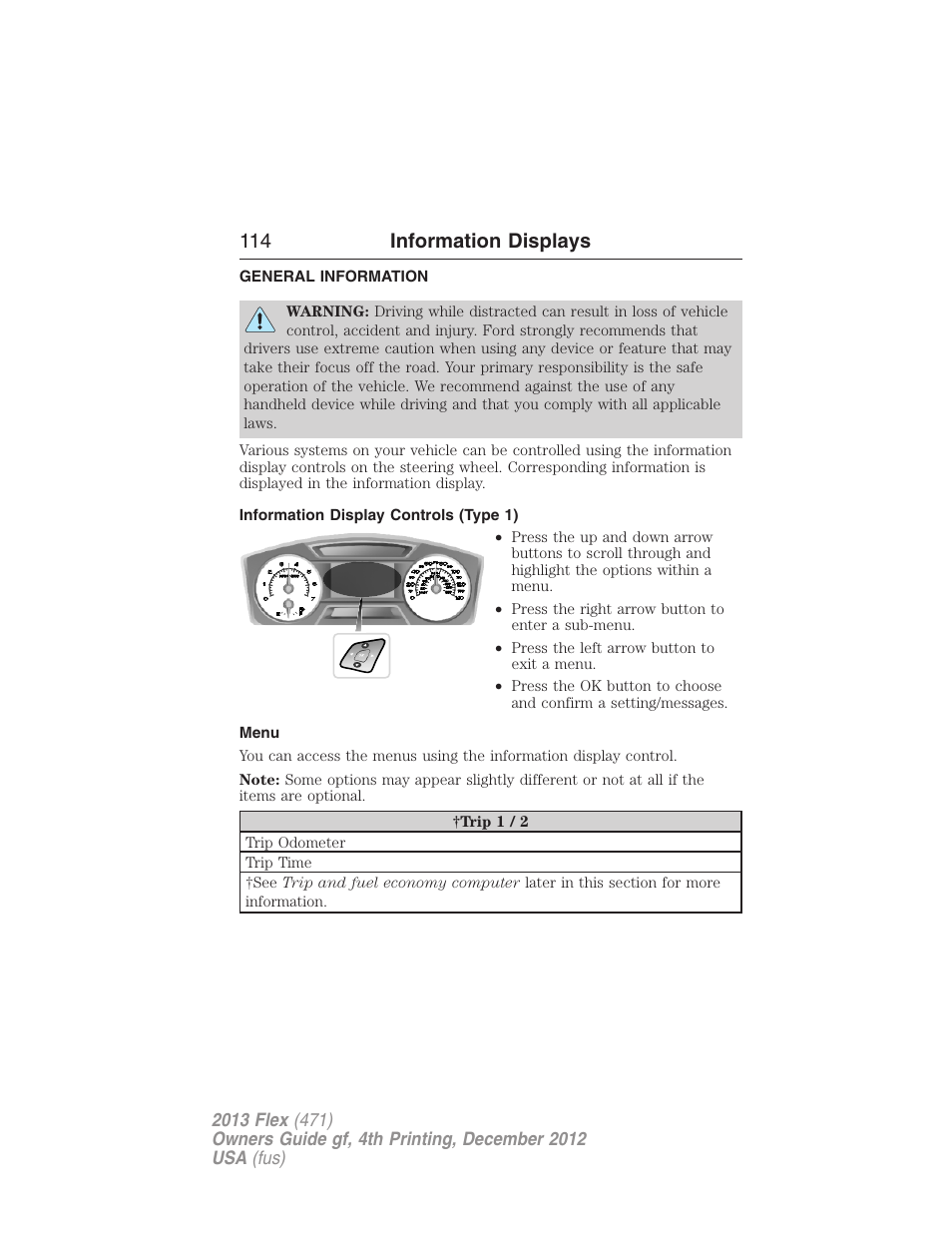 Information displays, General information, Information display controls (type 1) | Menu, Controls, 114 information displays | FORD 2013 Flex v.4 User Manual | Page 115 / 555