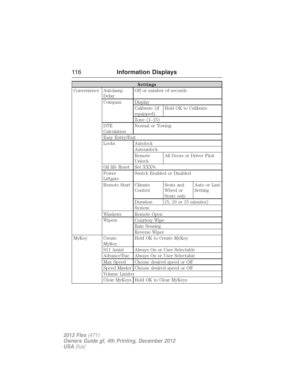 116 information displays | FORD 2013 Flex v.4 User Manual | Page 117 / 555