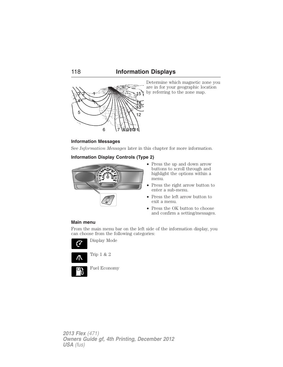 Information messages, Information display controls (type 2), Main menu | 118 information displays | FORD 2013 Flex v.4 User Manual | Page 119 / 555