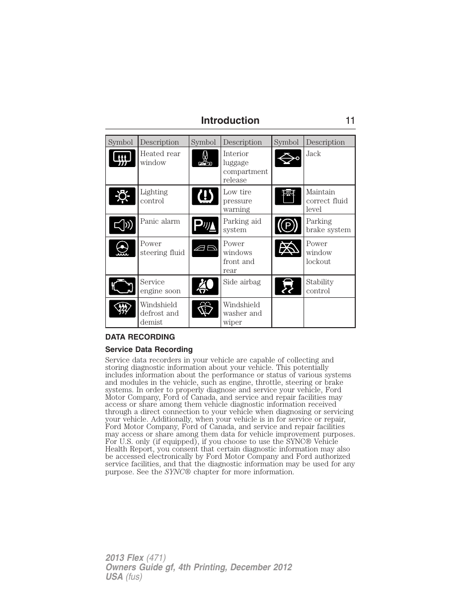 Data recording, Service data recording, Introduction 11 | FORD 2013 Flex v.4 User Manual | Page 12 / 555