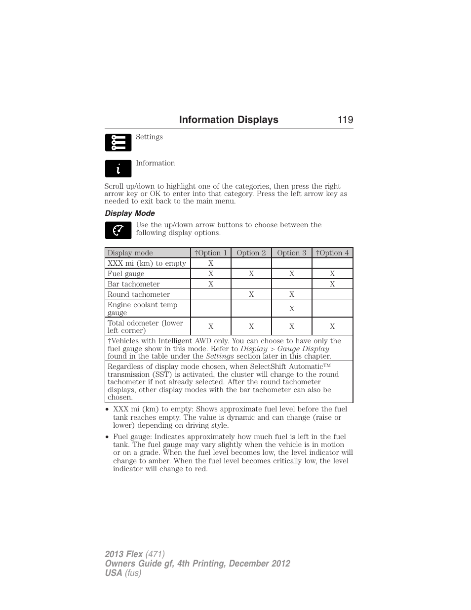 Display mode, Information displays 119 | FORD 2013 Flex v.4 User Manual | Page 120 / 555