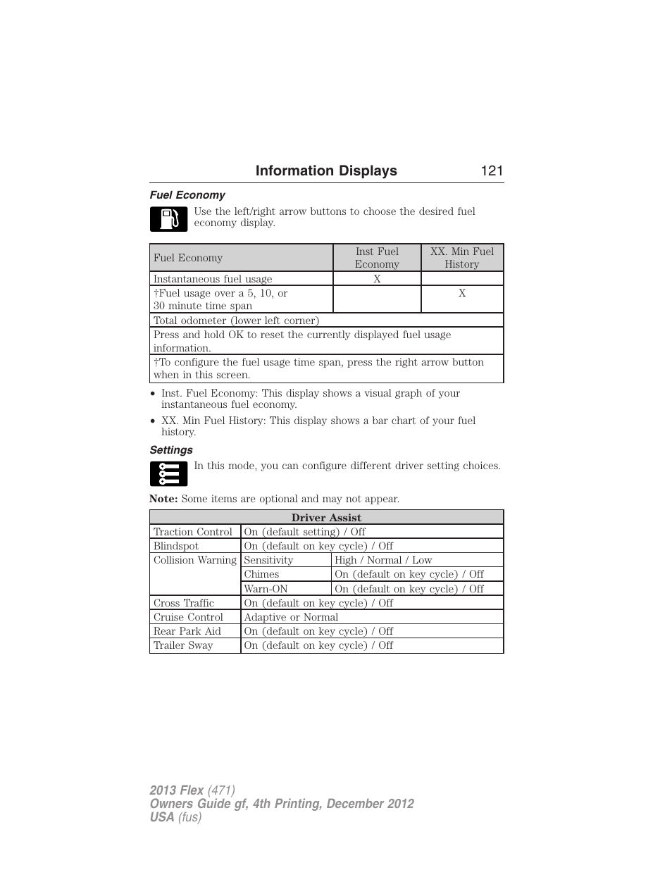 Fuel economy, Settings, Information displays 121 | FORD 2013 Flex v.4 User Manual | Page 122 / 555