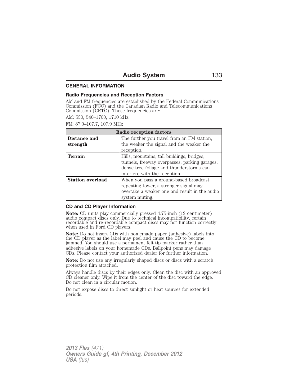 Audio system, General information, Radio frequencies and reception factors | Cd and cd player information, Audio system 133 | FORD 2013 Flex v.4 User Manual | Page 134 / 555