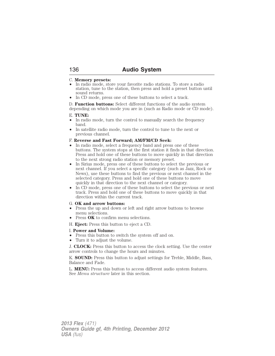 136 audio system | FORD 2013 Flex v.4 User Manual | Page 137 / 555