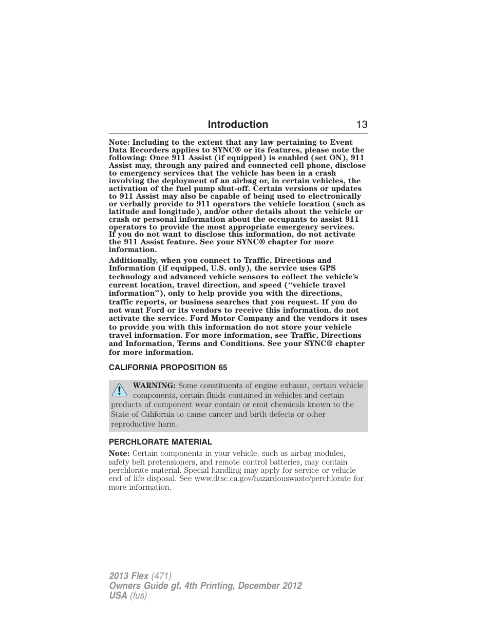 California proposition 65, Perchlorate material, Introduction 13 | FORD 2013 Flex v.4 User Manual | Page 14 / 555