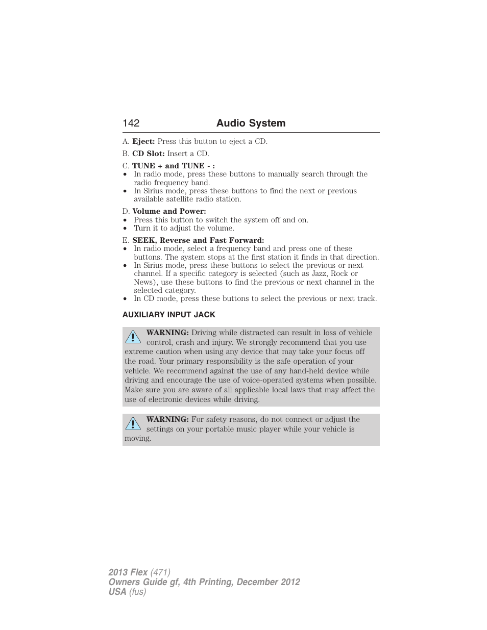 Auxiliary input jack, 142 audio system | FORD 2013 Flex v.4 User Manual | Page 143 / 555