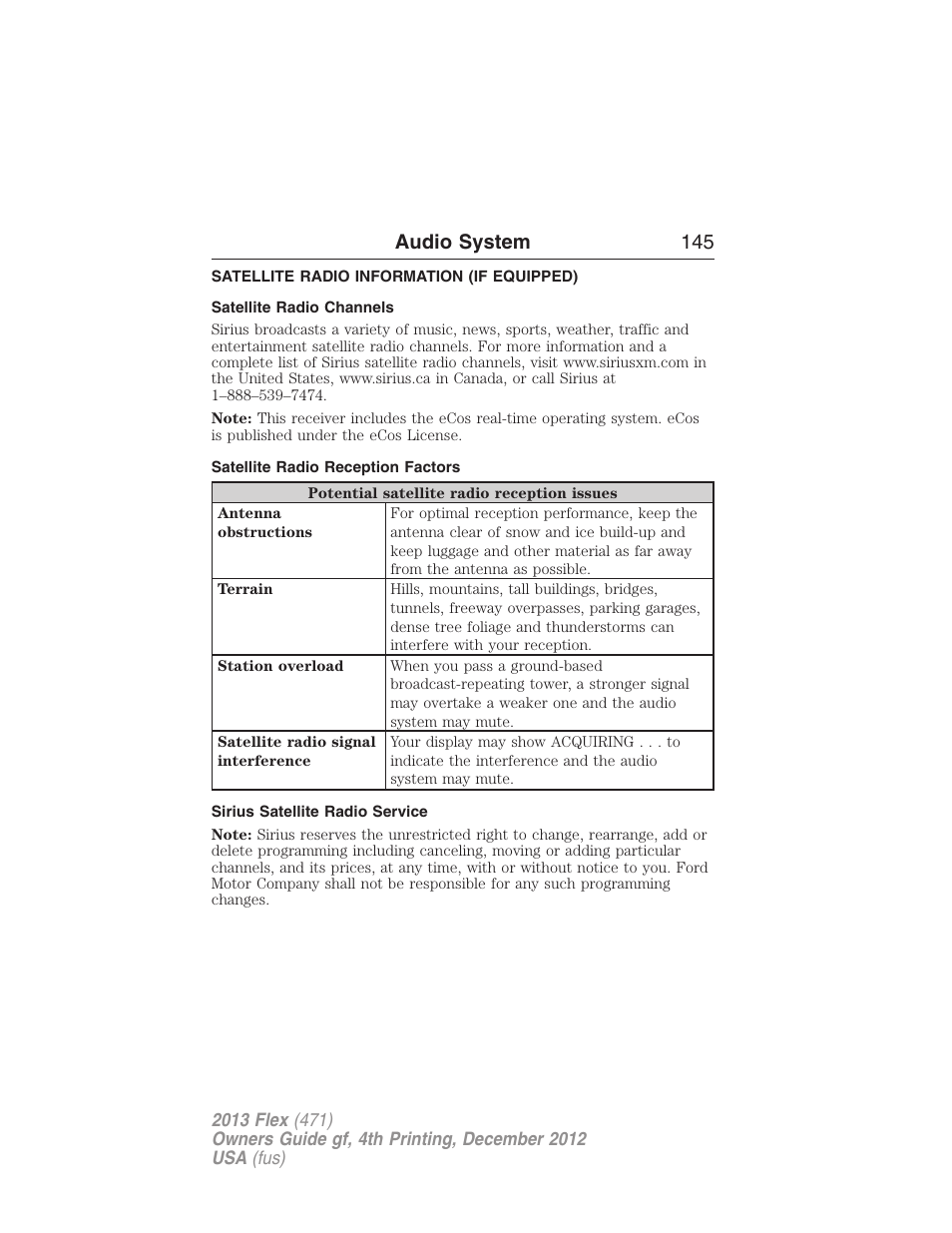 Satellite radio information (if equipped), Satellite radio channels, Satellite radio reception factors | Sirius satellite radio service, Satellite radio information, Audio system 145 | FORD 2013 Flex v.4 User Manual | Page 146 / 555