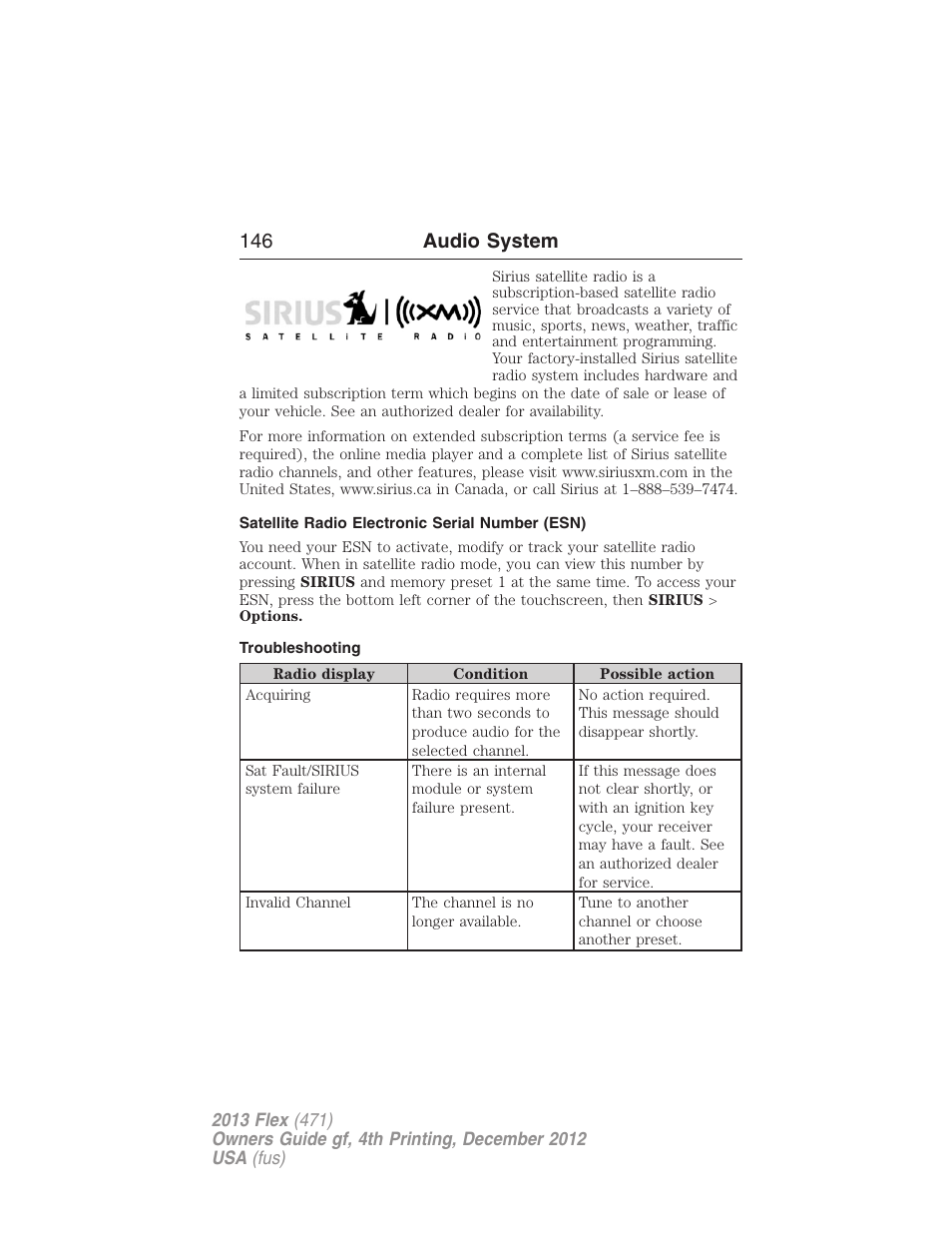 Satellite radio electronic serial number (esn), Troubleshooting, 146 audio system | FORD 2013 Flex v.4 User Manual | Page 147 / 555